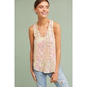 Moulinette Soeurs Anthropologie Sequin V-Neck Tank Top Cream Iridescent Size 0‎